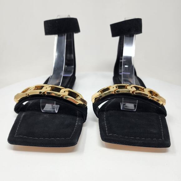Good American Ankle Wrap Sandals Women 9 Black Suede w/ Gold Chain Detail EUC - Picture 5 of 11